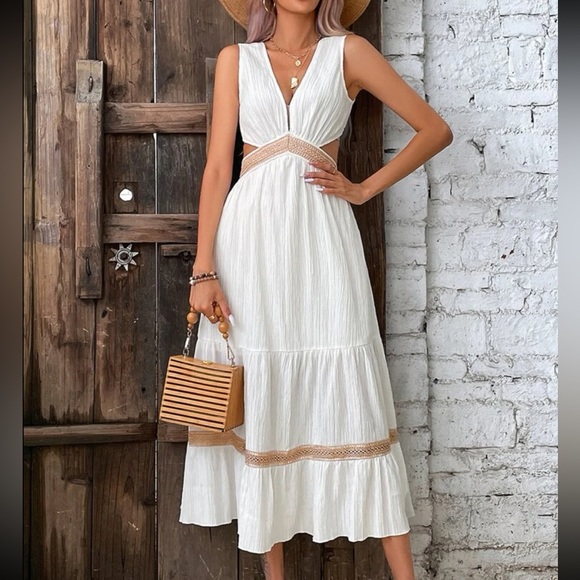 Hot Pink Sheer Lace Cut Out Ruffle Hem Tie Back Dress - Picture 10 of 13